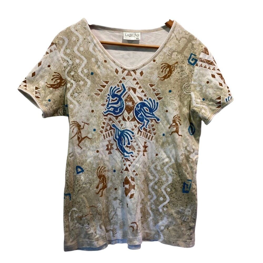 CACTUS BAY Y2K Embellished Southwestern Kokopelli Print Blouse, Multi,L